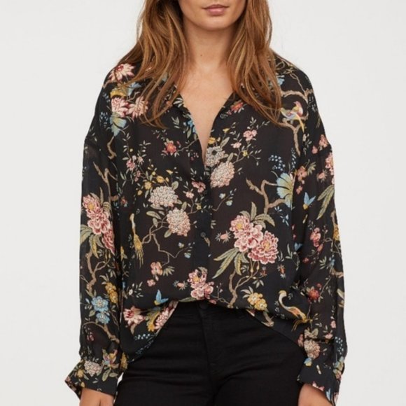 H&M Tops - GP & J Baker x H&M Floral Bird Print Sheer Blouse